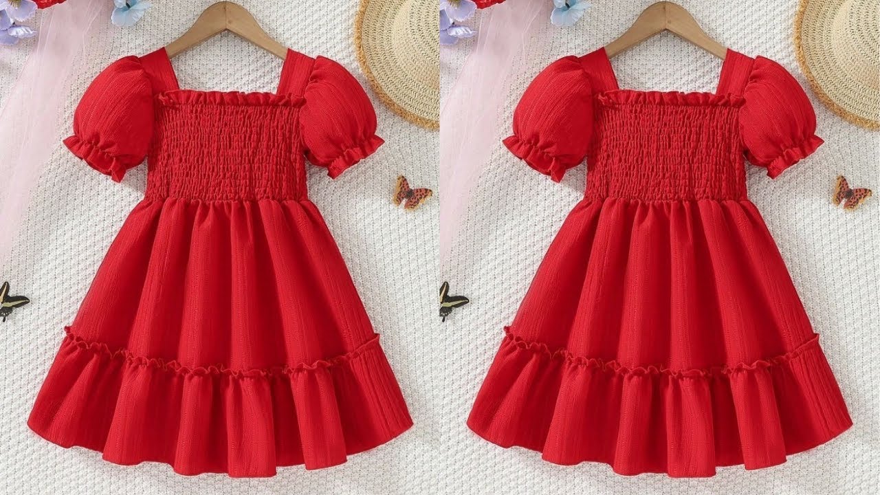 Elastic yoke puff sleeves flayerd baby girl frock cutting and stitching| Shirred waist baby frock