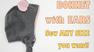 Easily draw own pattern, Sew baby bonnet w/ears, bunny bonnet, winter bonnet, fleece bonnet, mouse