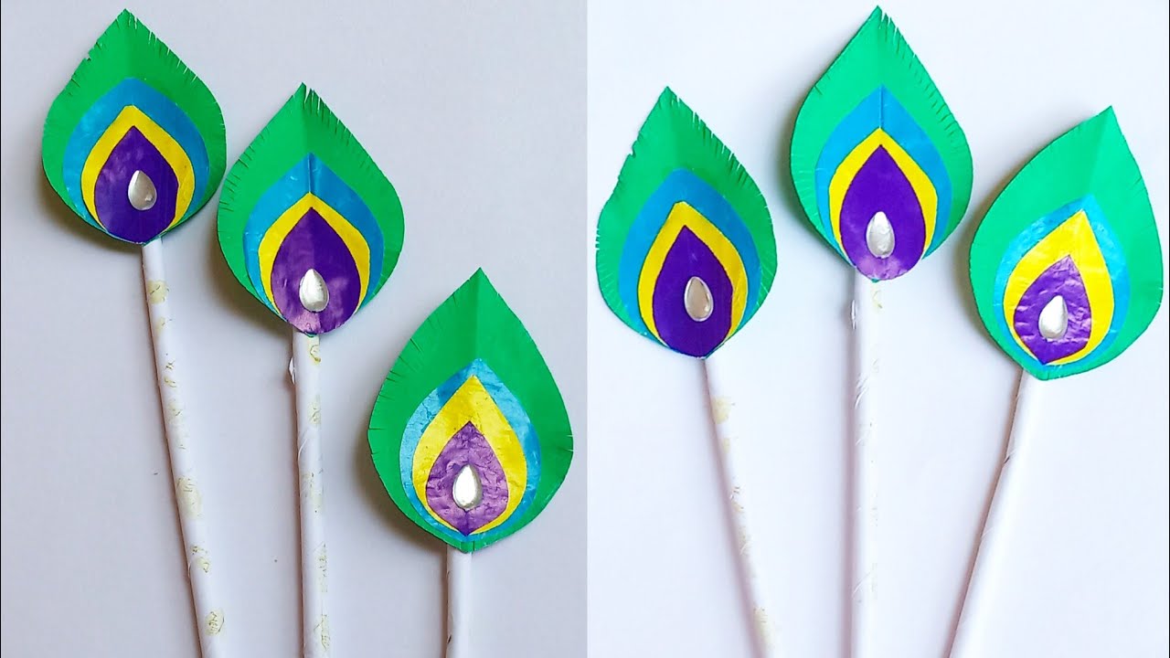 How to make peacock feather / Janmashtami decoration idea / easy paper peacock  feather 