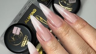 Do my nails with me. ￼Encapsulated French hard structure gel in almond, dual form, nail extensions ￼