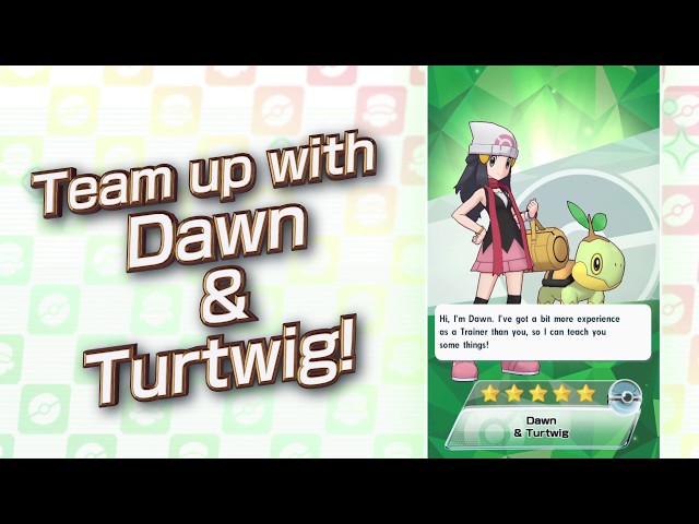 Pokémon Masters EX - Introducing Dawn & Turtwig! 📝 A friendly and upbeat  Trainer, Dawn has traveled all over the Sinnoh region. Despite her skill,  she can be a little scatterbrained at
