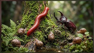 Up Close: A Millipede & Rhinoceros Beetle Explore The Snail Colony World #OddlySatisfying #Nature
