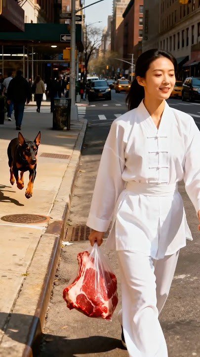 Doberman Tries to Steal Meat — But the Kung Fu Girl Isn’t Having It! #fight #kungfu #funny