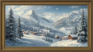 Winter Ski Village Oil Painting | Cozy Mountain Framed TV Art | Relaxing Winter Art for Screensaver