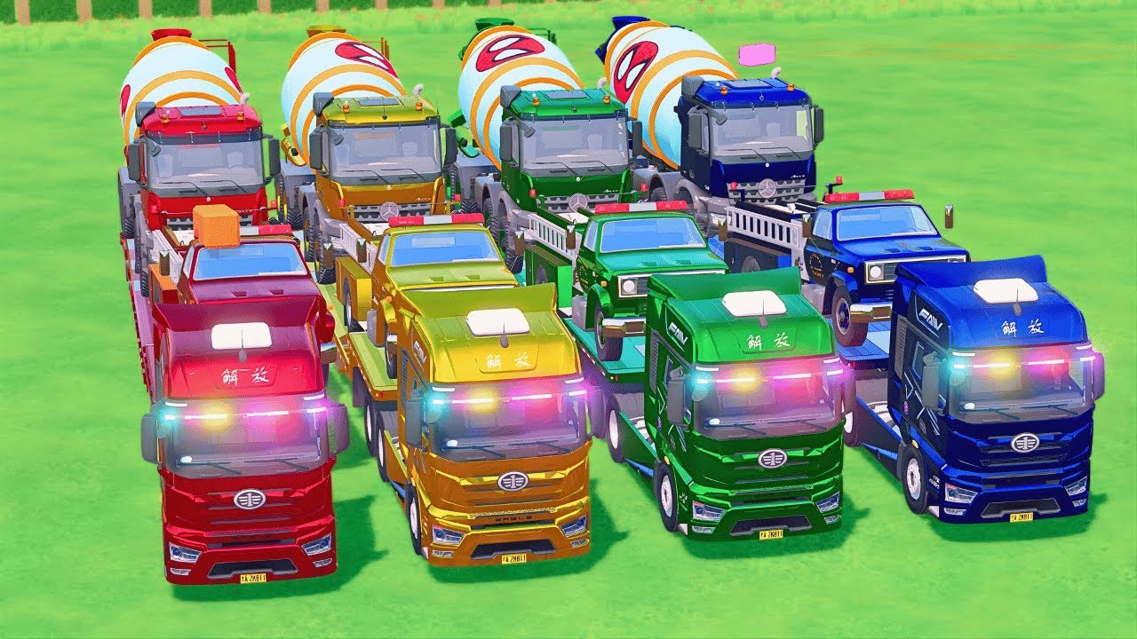 TRANSPORTING MIXER TRUCK, CHEVROLET, MERCEDES, COLORFUL CARS WITH TRUCK - FS22