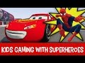 Spiderman plays with lightning mcqueen on stunt water track fun superhero games real life for kids