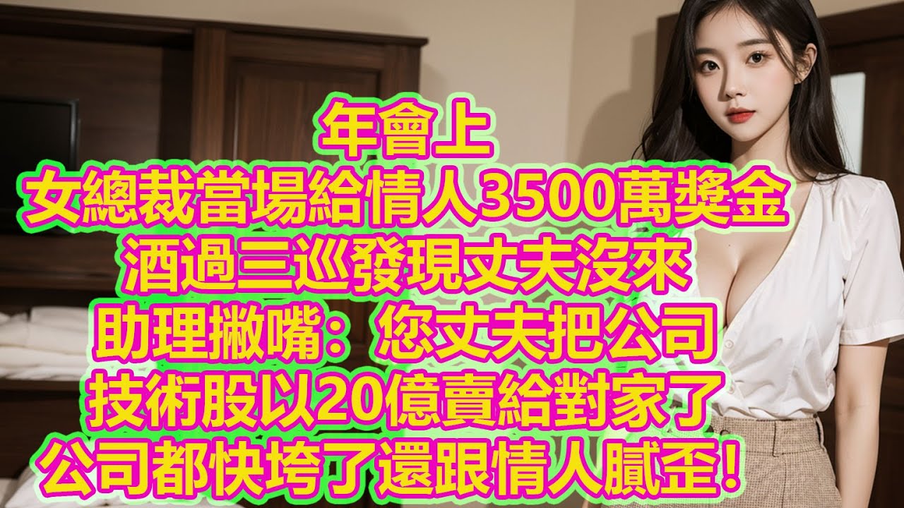 年會上，女總裁當場給情人3500萬獎金，酒過三巡發現丈夫沒來，助理撇嘴：“您丈夫把公司技術股以20億賣給對家了，公司都快垮了，還跟情人膩歪！”
