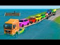 Triple Flatbed Trailer McQueen Transport – Speed Bumps vs Cars vs Train | BeamNG Drive #1
