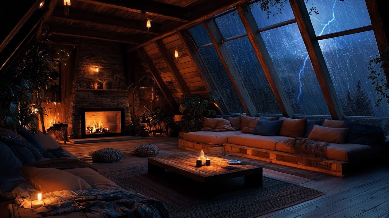 Уютная атмосфера в домике — звуки дождя и камина ночью