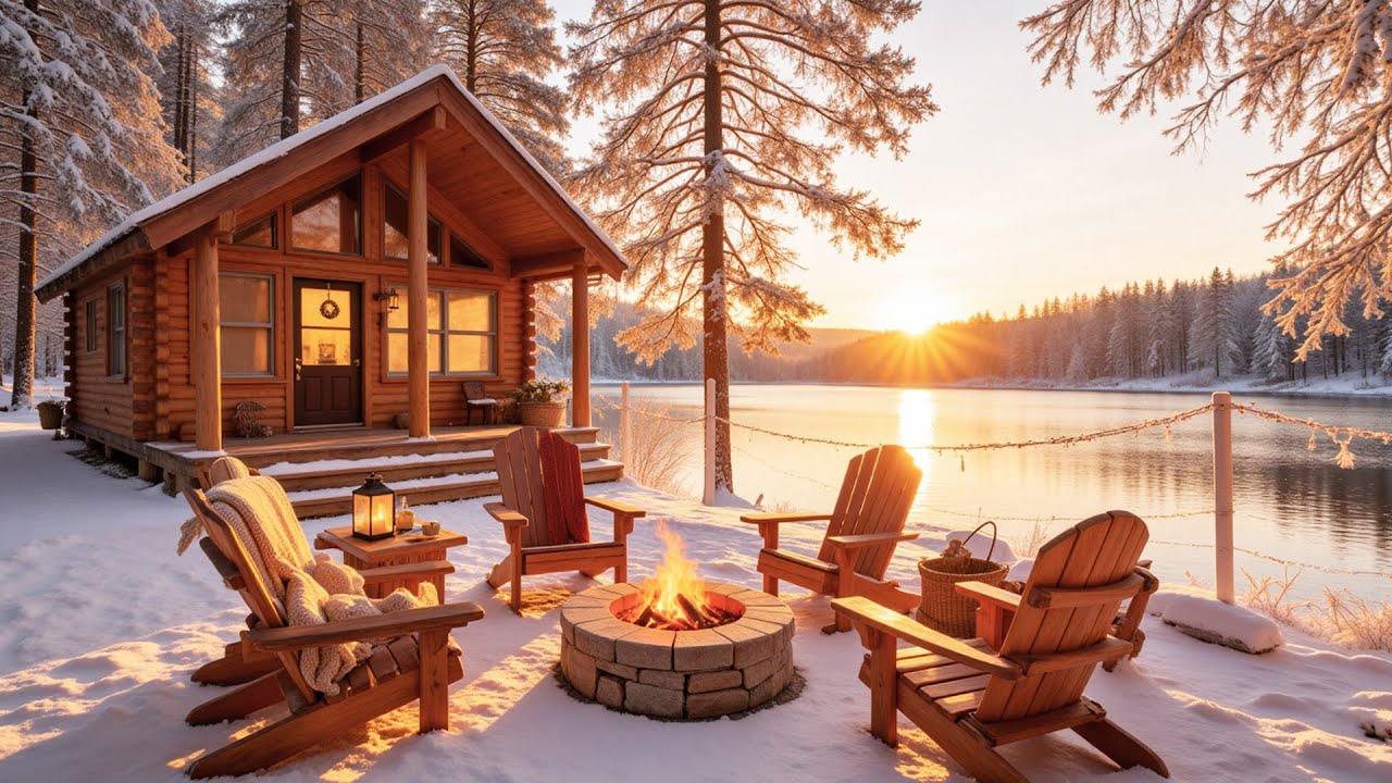 The Most Relaxing Winter Cabin Porch Ambience ❄️🔥 Calm Piano Music & Fire Pit, Snowfall Sounds