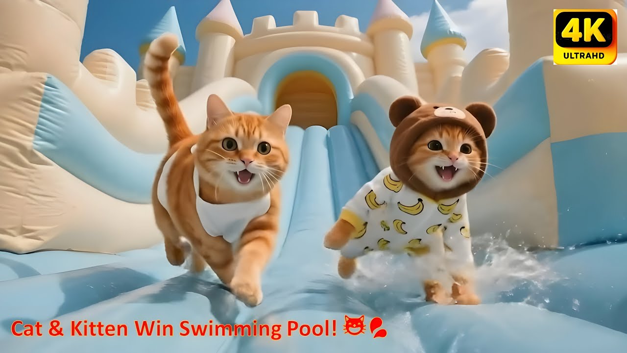 Cat Mom and Kitten Win Coca Cola Bottles Swimming Pool Challenge 