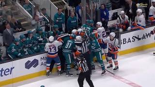 Kiefer Sherwood confronts Mathew Barzal after a high hit on Macklin Celebrini - Isles @ Sharks