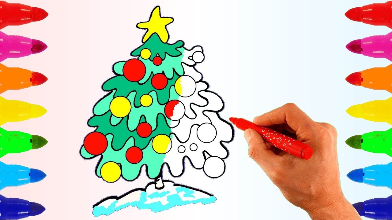 Learn Colors for Kids with colored markers and Color Christmas Tree Coloring Pages