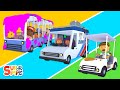 Fire Truck, Train, Golf Cart, and Space Shuttle go to Carl's Car Wash! | Cartoons for Kids