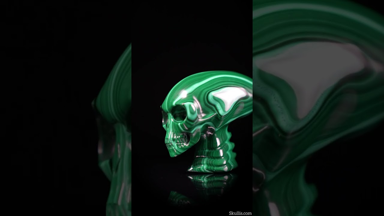 Gemstone 3.7" Malachite Hand Carved Crystal Elongated Mayan Alien Skull with Spine Sculpture
