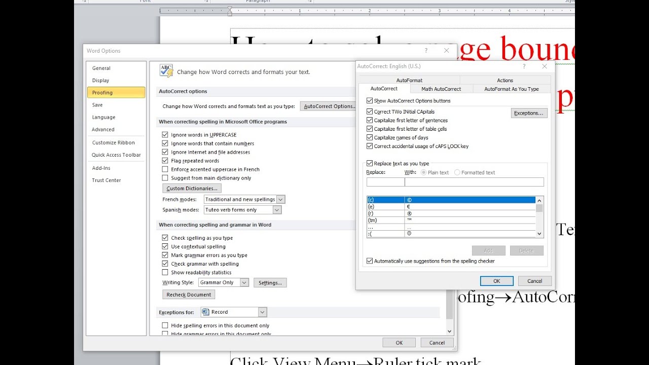 How to use auto Correct Option | Text Boundary | Ruler View options in ...