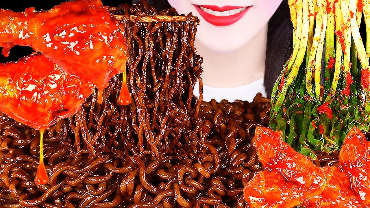 ASMR RECIPE *SPICY GARLIC CHICKEN, BLACK BEEN NOODLE, KIMCHI*꿀조합 만들기! 페리카나 양념치킨,짜파게티,파김치 먹방 MUKBANG