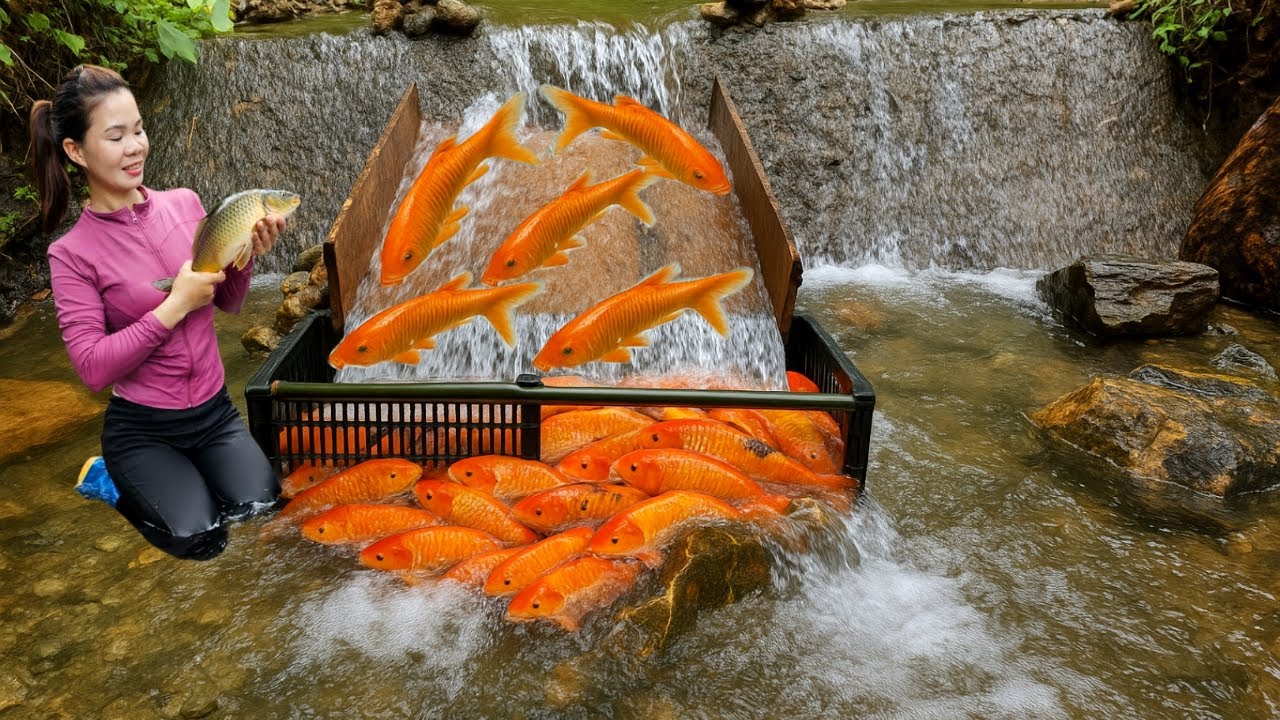 The girl used a wooden slide to trap fish and caught a lot of fish.