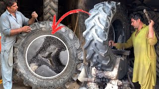 Repairing Tractor Tire Big Patch Man with Great Skill and Control of Very Basic Sharp Tools