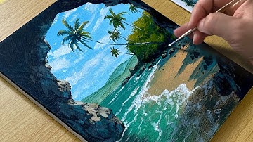 “Een tropisch strandgezicht schilderen vanuit een grot | Eenvoudige acrylverf tutorial”