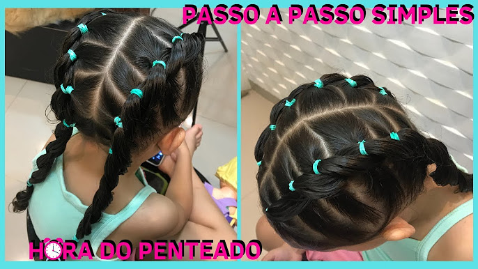 Penteado Infantil fácil com trança falsa e elásticos, False braid  hairstyle with rubber bands for girls