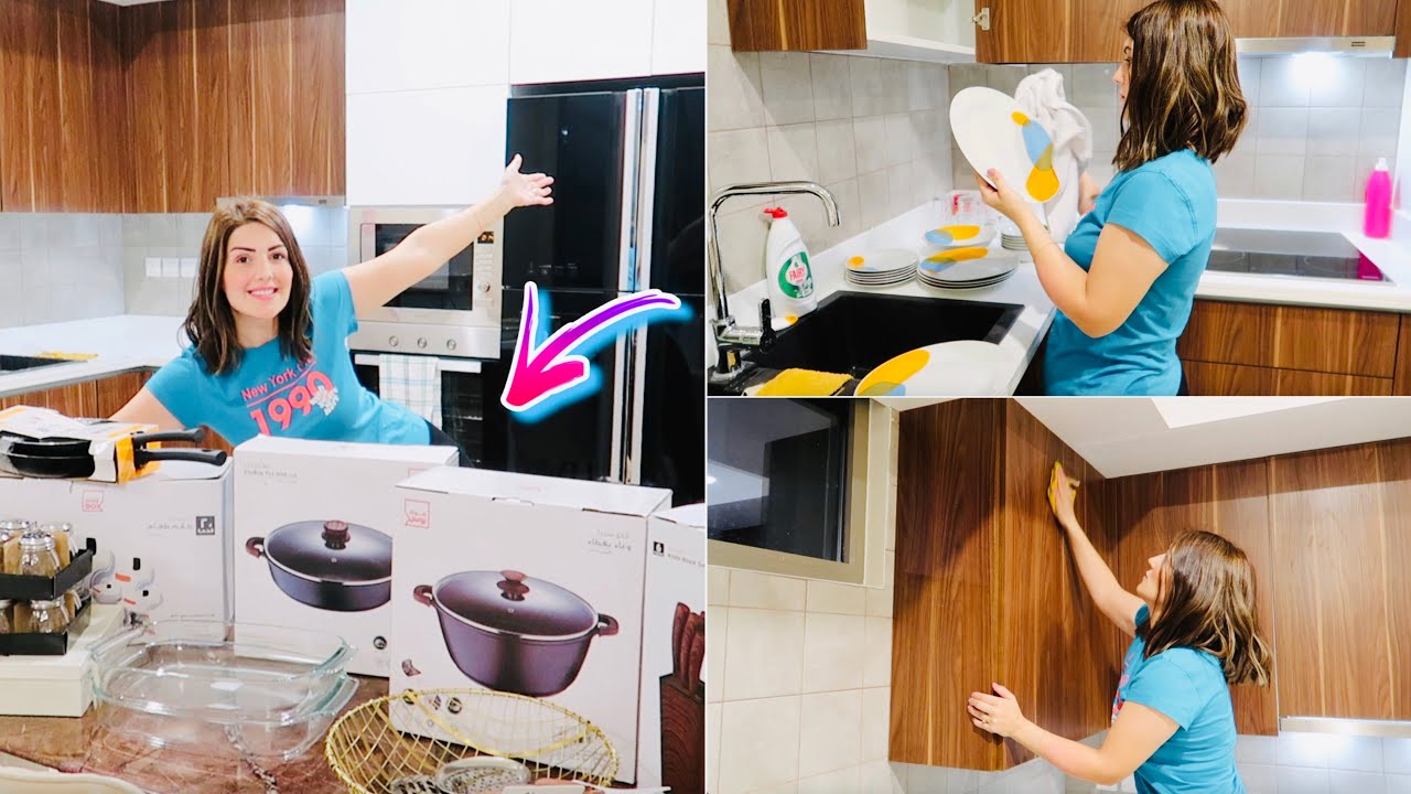تنظيف وترتيب خزائن المطبخ😍مشترياتي لمطبخي الجديد 🍽