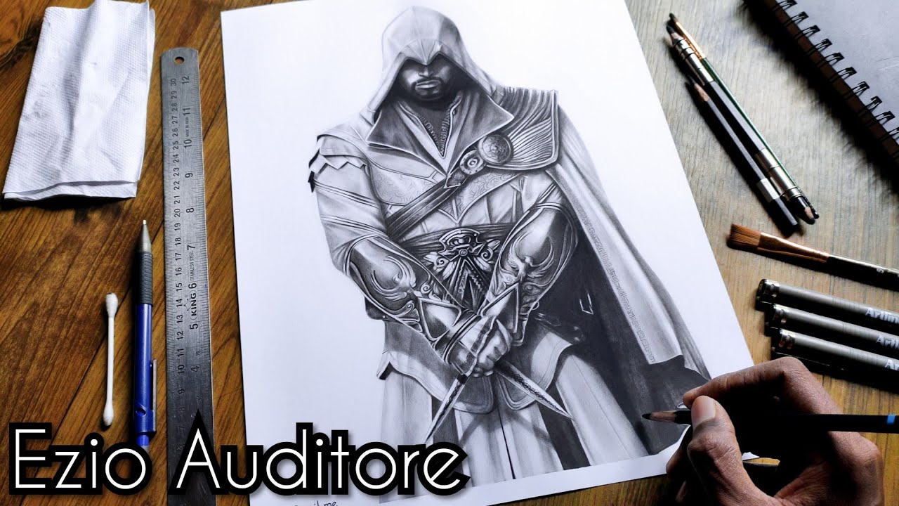 Pencil sketch of assasins creed-character drawing/shading study-showing the  process step by step — Steemit