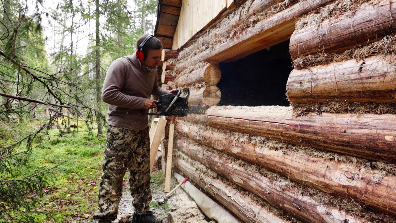 Build Log Cabin. Off Grid Cozy Log Cabin. Life in the wild. - YouTube