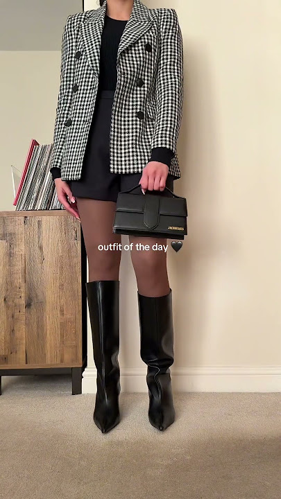 todays outfit, love the blazer, shorts and knee high boots combo 🖤