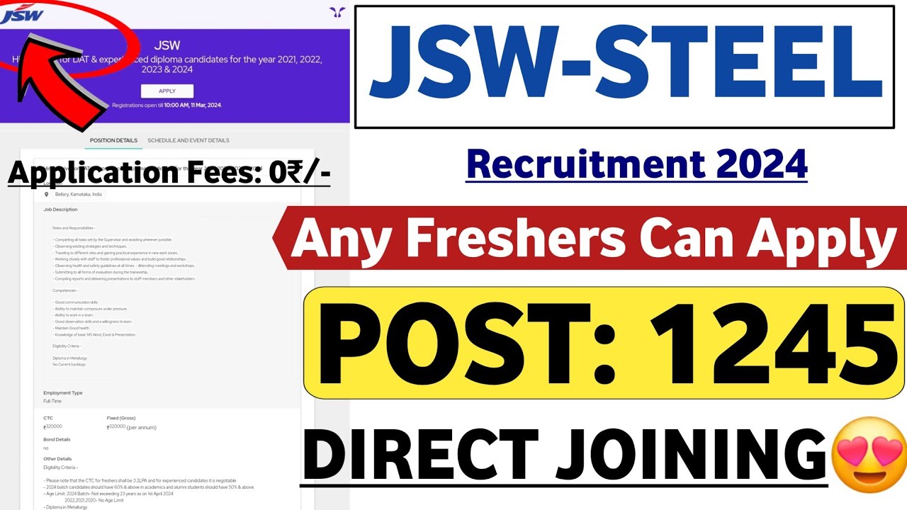 JSW STEEL RECRUITMENT 2024 POST 1245 JOB VACANCY 2024 MNC JOBS jsw-steel-recruitment-2024-post-1245-job-vacancy-2024-mnc-jobs