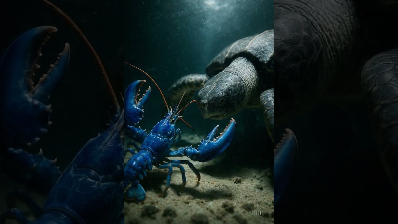A Rare Blue Lobster Confronts a Sea Turtle in the Deep
