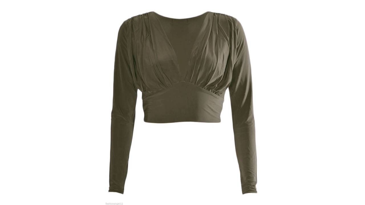 Women Ladies Deep V Neck Plunge Long Sleeve Ruched Slinky Crop Top T