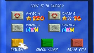 SM64 - Shrink the Copy File Box
Pay attention to the glitched text at the top of the screen if youre not familiar with this trick.
Kaylee recently posted about the menu glitch on TASVideos (tasvideos.org/forum/viewtopic.php?p=410300#410300) and I decided to mess around with it. What I found is incredibly useless but still somewhat interesting.
These are the four methods shown in the video:
0:00 After the file select screen loads, quickly hit the green box. (The top of the screen should now read No Saved Data Exists.) Then select blue, yellow, red, green, red. Select No on the Erase File screen.
0:19 Go to the copy screen, select an empty file and hit the yellow box while the No Saved Data Exists text is on screen. Go to the Erase File screen and then go to the Score screen. Select an empty file, go back to the Erase File screen, and select No.
0:37 After the file select screen loads, quickly hit the blue box. (The top of the screen should now read No Saved Data Exists.) Then select yellow, red, green. Select an empty file, go to the Erase File screen, and select No.
0:49 Select blue, yellow, red. Select an empty file and hit the green box while the No Saved Data Exists text is on screen. Then select an empty file, go to the Erase File screen, and select No.
If you select Yes, the game will freeze and nothing will be deleted.
The second and fourth methods will not shrink the blue box if you previously copied or deleted a file. Instead, the icon of the last file you copied or deleted will shrink, and the file will be deleted if you select Yes.
There might be more things to be found on the menu, but Im not expecting anything big. SM64 - Shrink the Copy File Box
