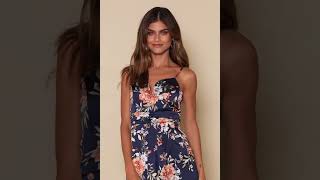 Navy Blue Floral Print Tulip Skirt Midi Dress For Women Must See