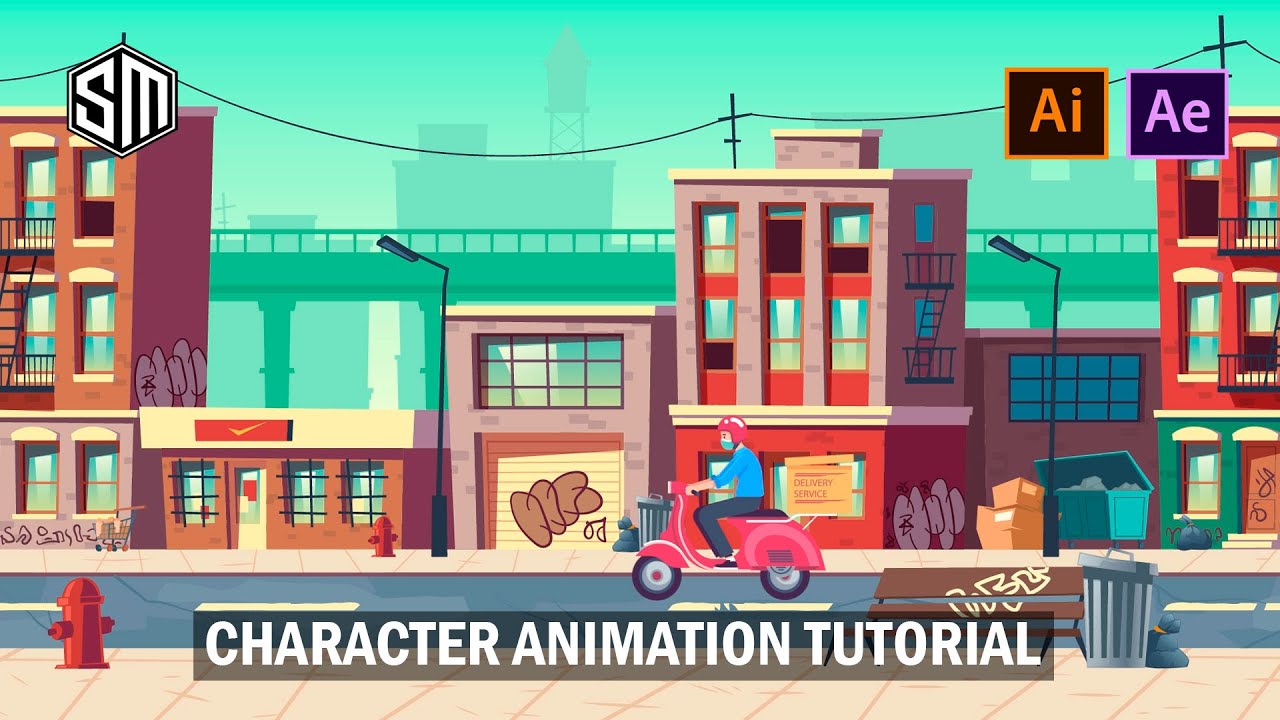 Анимация персонажа в After Effects. Курьер на мопеде.