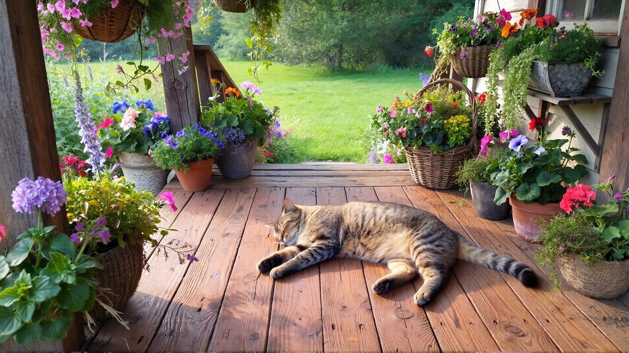 Quiet Spring Terrace 🌸🐱🎹 Flower Breeze & Relaxing Piano Sounds