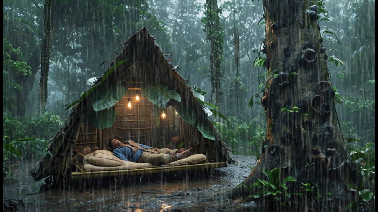 CAMPING IN A THUNDERSTORM AND HEAVY RAIN // STRUGGLE TO BUILD SHELTER ...