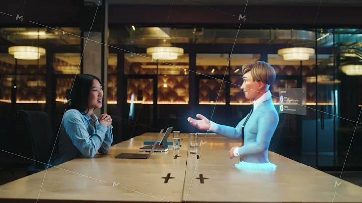 Video call of an asian woman with cartoon character boy uses hologram technology