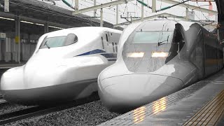 山陽新幹線 ワイパー作動通過 雨の徳山駅 N700Sのぞみなど Shinkansen passing through a sharp curve