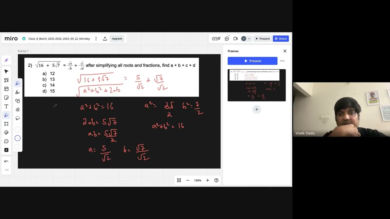Class 8 2025-2026: Math 20: Further Understanding Surds and Equations