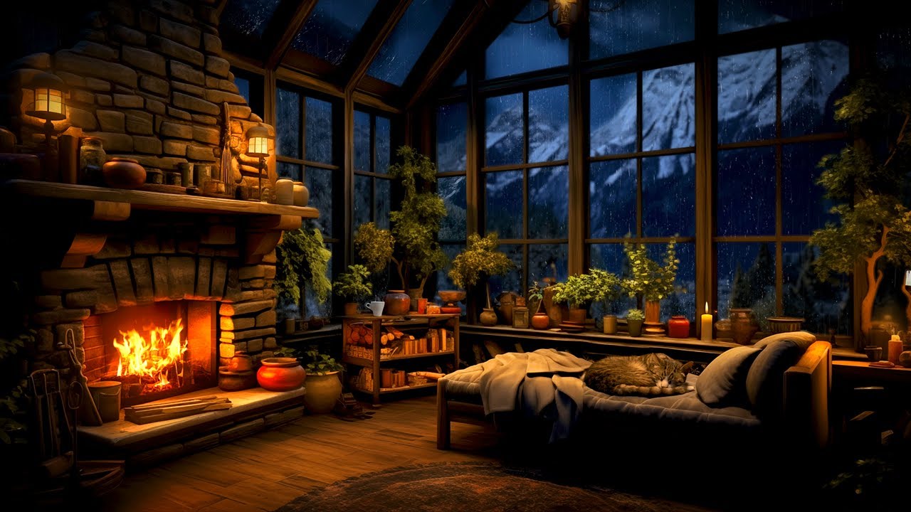 Thunderstorm Ambience: Rain, Lightning, Crackling Fire & Cats Sleeping in a Cozy Cabin