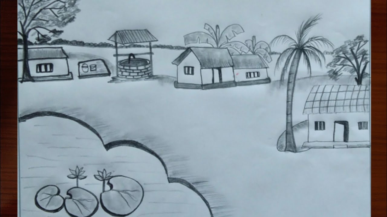 How To Draw A Beautiful Scenery || Village Landscape Drawing || Likey Arts