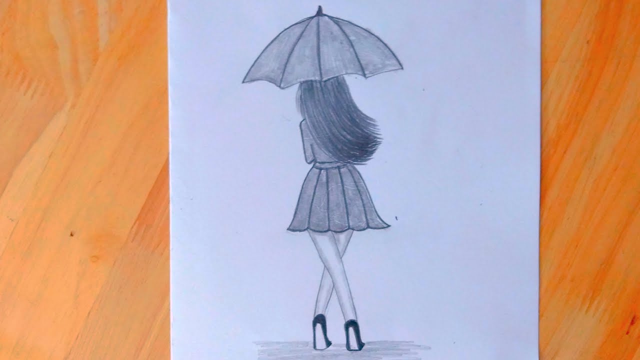 رسومات بنات سهله||رسم بنت من الخلف تمشي تحت مظله بالقلم الرصاص خطوه بخطوه للمبتدئين