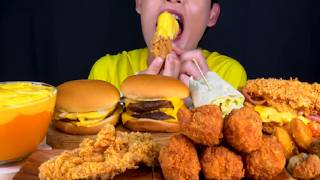 ASMR MUKBANG Crispy Chicken Burger, Double Cheese Burger KFC Fried Chicken & Cheese Sauce