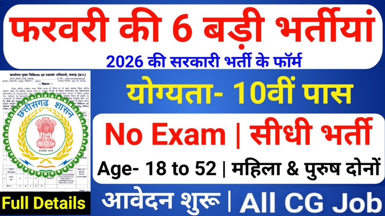 Cg Job फरवरी 2026 की छग में 06 नई भर्ती विज्ञापन जारी/Chhattisgarh Govt Job ...