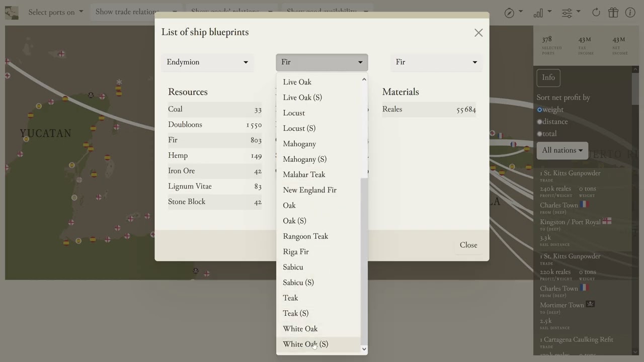 Naval Action map — How to find the materials needed for your ship