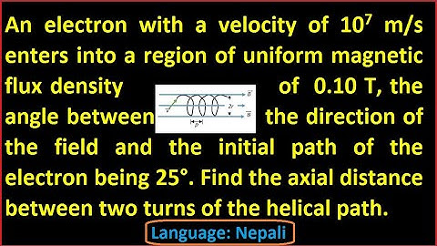 An electron with a velocity of 10^7 m/s enters into a region of uniform magnetic field of 0.10 T