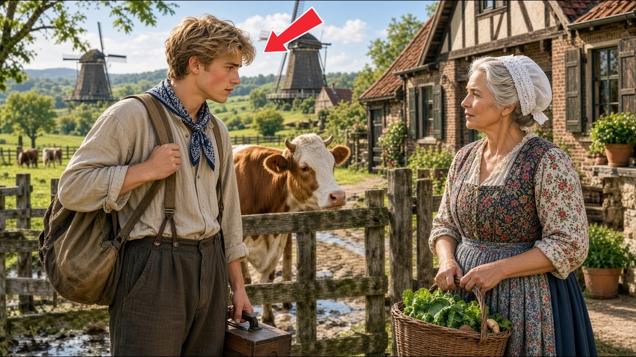De motregen hing als een grijze wolk om de boerderij toen ik het hek zag dat scheef in zijn scharnieren hing. Een koe stak haar kop door een gat en graaide naar een mand groente op het bankje bij...