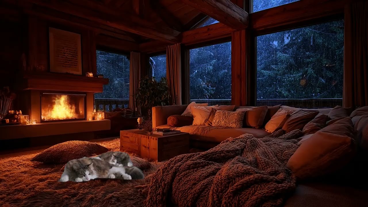 Cozy Gale Cabin Fall Porch Rain Ambience with Fireplace Crackling & Soft Thunder 3 Hours 🍂🌧️