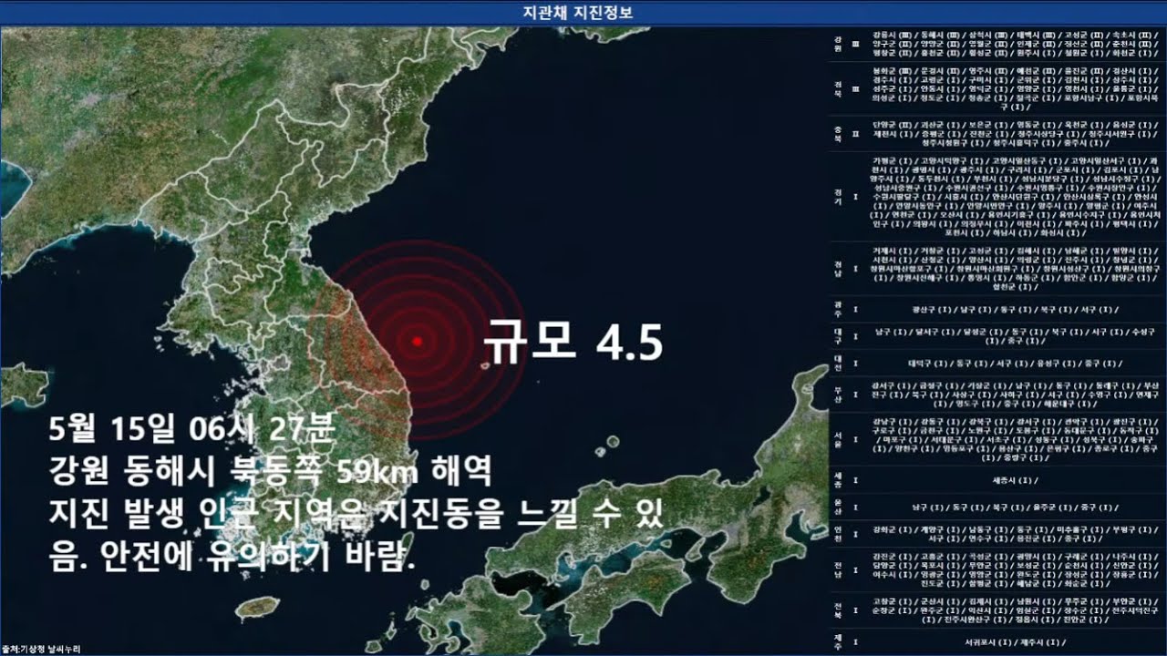 [국내지진속보] 2023/5/15 AM 6시 27분 36초 강원 동해시 북동쪽 52Km 해역 규모 4.5 깊이 32Km ...